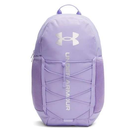 Sac à dos UA Hustle Sport 6.0 - Under Armour lilas avec logo blanc, poches latérales en mesh, vue de face.