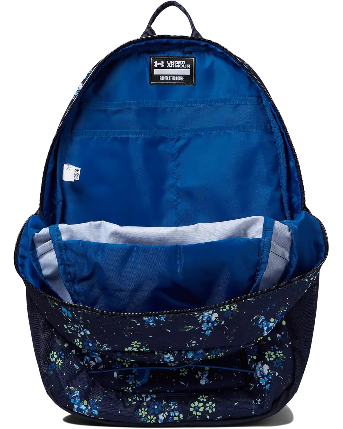 Sac à dos - Under Armour bleu marine à motifs floraux bleu clair et verts, intérieur bleu, vue intérieure ouverte