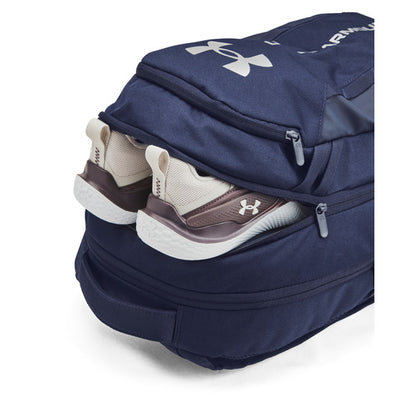 Sac à dos - Under Armour bleu marine en polyester avec compartiment chaussures, vue zoom sur rangement inférieur