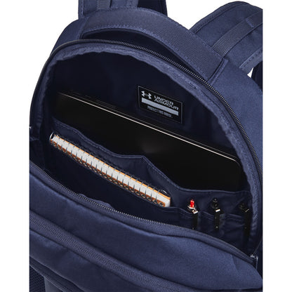 Sac à dos - Under Armour bleu marine en polyester avec compartiments pour ordinateur et stylos, vue intérieure ouverte