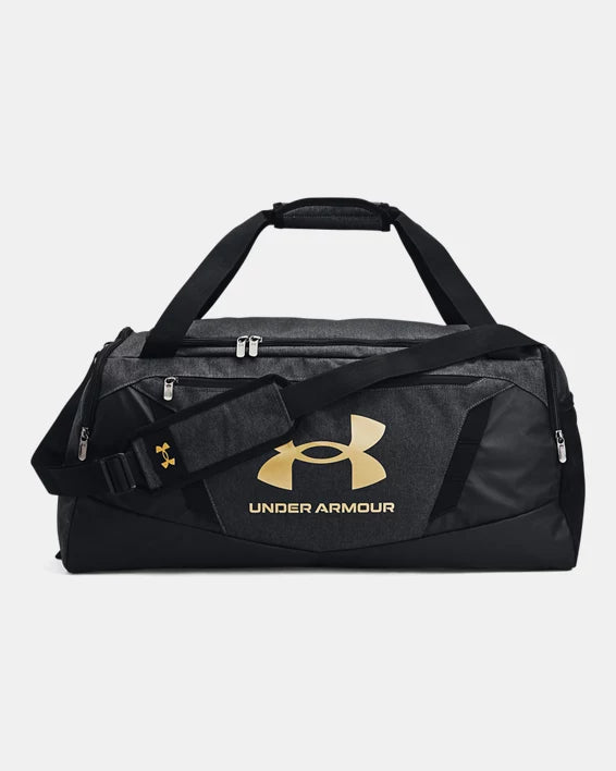 Sac sport - Under Armour noir et gris avec logo doré, poches multiples, en polyester résistant, vue de face, style fonctionnel.