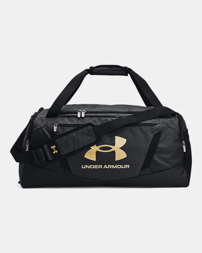 Sac sport - Under Armour noir et gris avec logo doré, poches multiples, en polyester résistant, vue de face, style fonctionnel.