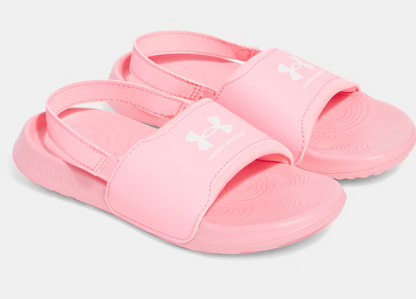 Sandales - UA Ignite Select Under Armour rose clair avec bride arrière, semelle EVA, style gougounnes pour fille, vue diagonale.