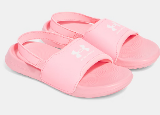 Sandales - UA Ignite Select Under Armour rose clair avec bride arrière, semelle EVA, style gougounnes pour fille, vue diagonale.