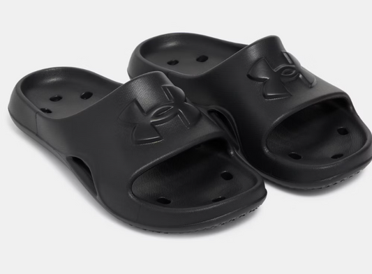 Sandales - UA Locker V Under Armour noires en EVA avec orifices de drainage, style gougounnes garçon, vue de profil angle droit