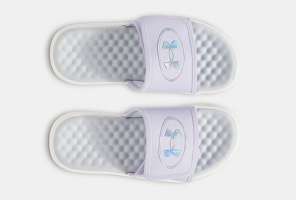 Sandales - UA Ignite Pro 8 Under Armour blanches et violettes avec bracelet réglable, semelle en mousse, pour fille, vue de dessus.
