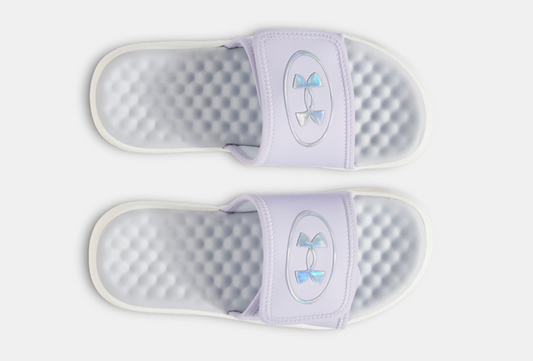 Sandales - UA Ignite Pro 8 Under Armour blanches et violettes avec bracelet réglable, semelle en mousse, pour fille, vue de dessus.