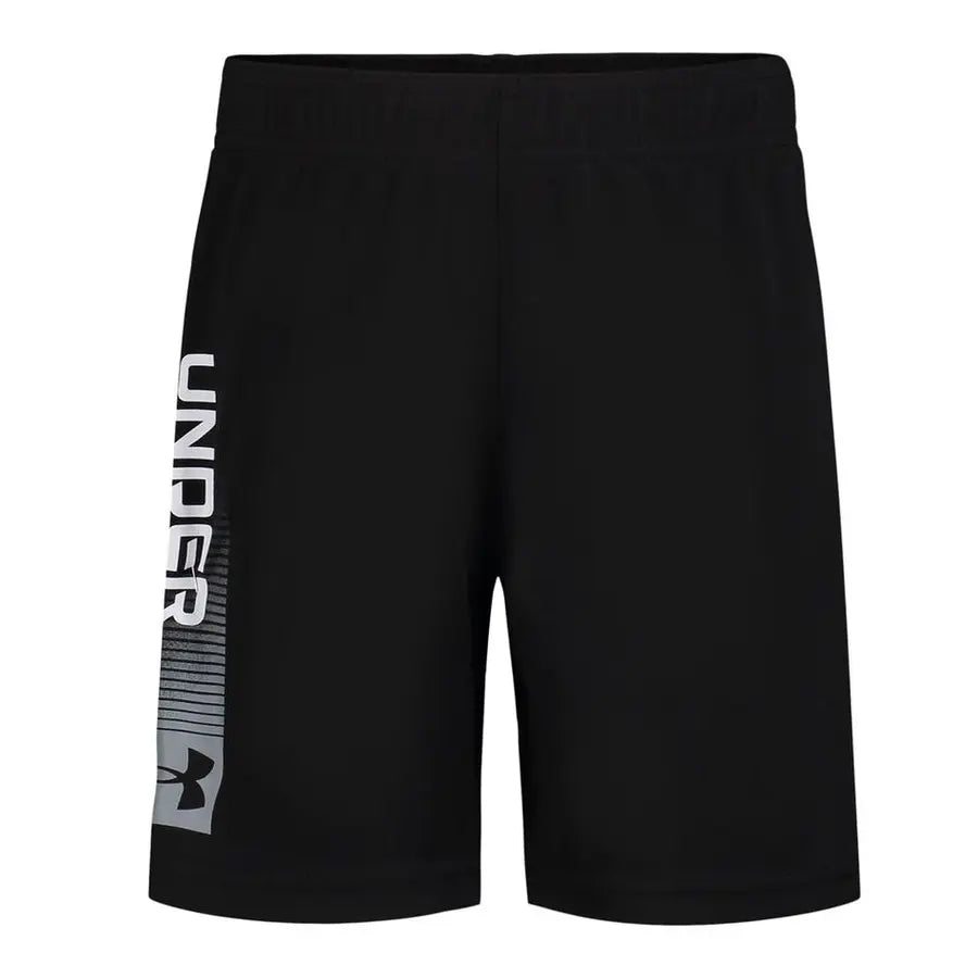 Short - Under Armour noir avec logo blanc et gris sur le côté, tissu léger, pour garçon, vue de face.