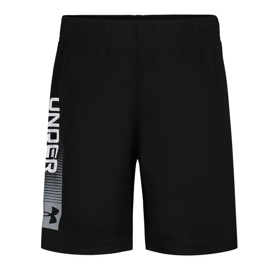 Short - Under Armour noir avec logo blanc et gris sur le côté, tissu léger, pour garçon, vue de face.