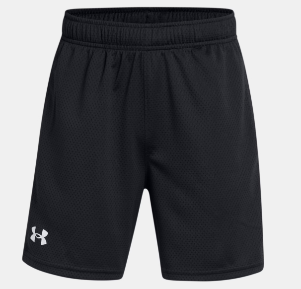 Short UA Tech™ Mesh - Under Armour noir en polyester, style sport pour garçon, vue de face avec logo blanc bas gauche.