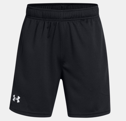 Short UA Tech™ Mesh - Under Armour noir en polyester, style sport pour garçon, vue de face avec logo blanc bas gauche.