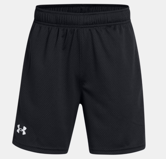 Short UA Tech™ Mesh - Under Armour noir en polyester, style sport pour garçon, vue de face avec logo blanc bas gauche.