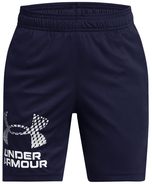 Short avec logo UA Tech™ - Under Armour bleu marine en tissu technique, taille élastique, pour garçon, vue de face.