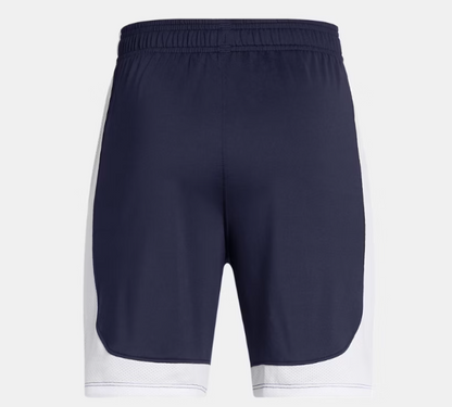 Short UA Tech™ Vent - Under Armour bleu marine avec panneaux blancs en filet, style garçon, vue de dos.