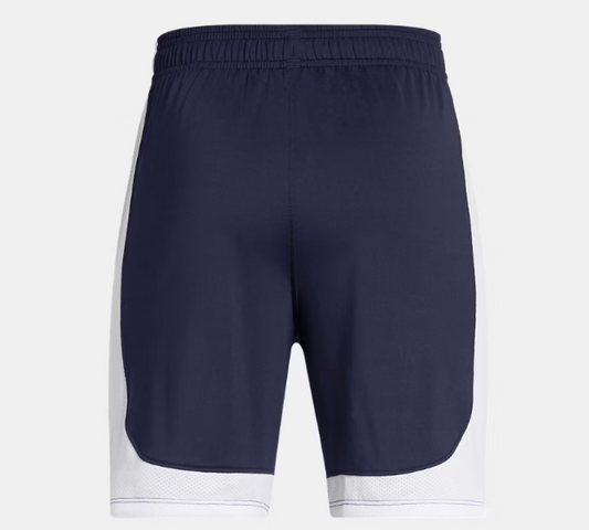 Short UA Tech™ Vent - Under Armour bleu marine avec panneaux blancs en filet, style garçon, vue de dos.