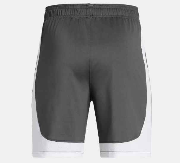 Short UA Tech™ Vent - Under Armour gris foncé et blanc avec panneaux latéraux en mesh, pour garçon, vue de dos.