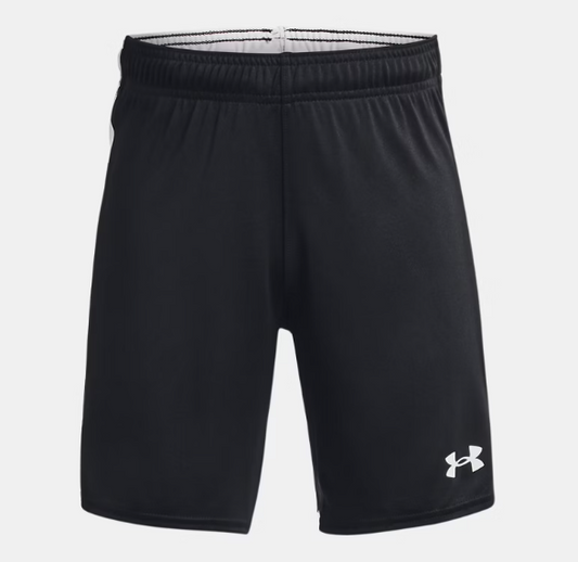 Short Maquina 3.0 - Under Armour noir en tissu extensible, ceinture élastique avec cordon, pour garçon, vue de face.