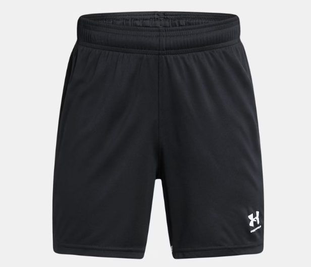 Short UA Adversaire - Under Armour noir en tricot léger avec taille élastique et cordon, pour garçon, vue de face.