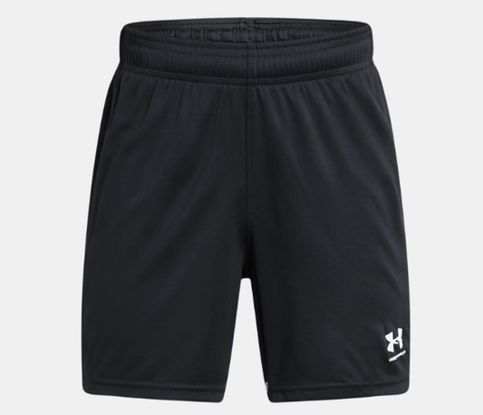 Short UA Adversaire - Under Armour noir en tricot léger avec taille élastique et cordon, pour garçon, vue de face.