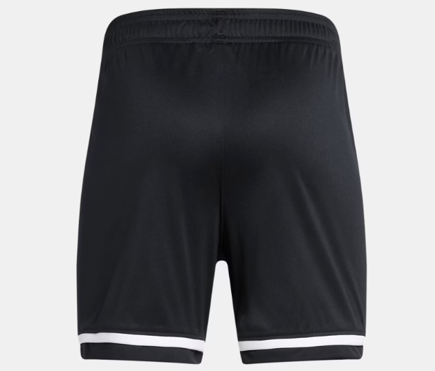 Short UA Adversaire - Under Armour noir avec bande blanche bas, tissu tricot léger, pour garçon, vue de dos.