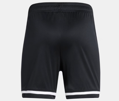 Short UA Adversaire - Under Armour noir avec bande blanche bas, tissu tricot léger, pour garçon, vue de dos.