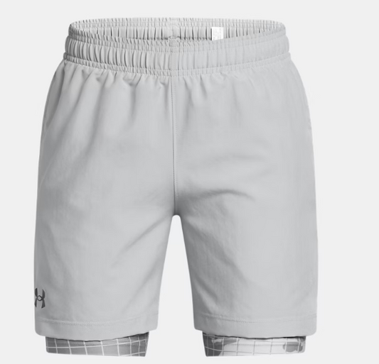 Short 2-en-1 UA Tech™ Wove - Under Armour gris clair avec short intérieur imprimé, tissu léger, pour garçon, vue de face