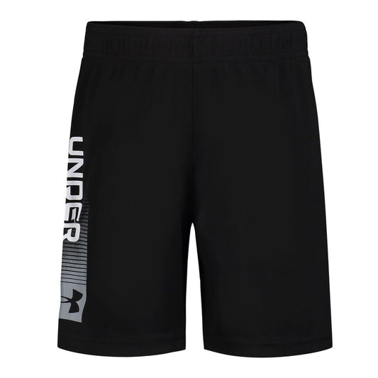 Short avec imprimé UA Tech™ - Under Armour noir avec logo gris latéral, tissu technique, pour garçon, vue de face.