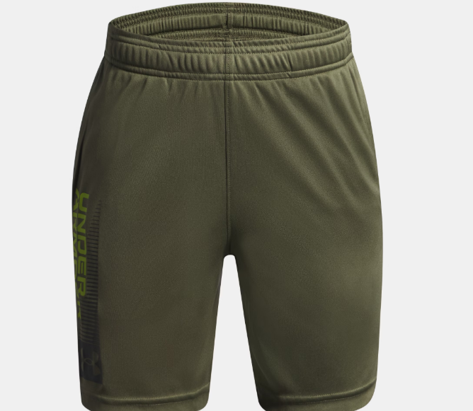 Short avec imprimé UA Tech™ - Under Armour kaki en tissu léger UA Tech™, taille ajustable, pour garçon, vue de face.