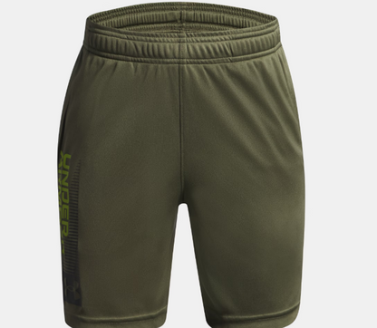 Short avec imprimé UA Tech™ - Under Armour kaki en tissu léger UA Tech™, taille ajustable, pour garçon, vue de face.