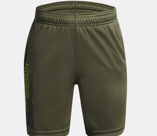 Short avec imprimé UA Tech™ - Under Armour kaki en tissu léger UA Tech™, taille ajustable, pour garçon, vue de face.