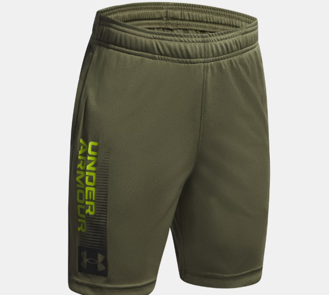 Short avec imprimé UA Tech™ - Under Armour kaki avec logo jaune et noir, tissu léger, taille ajustable, pour garçon, vue de face