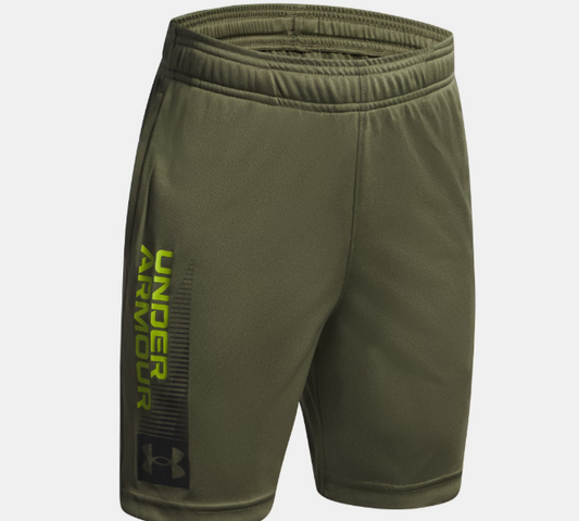 Short avec imprimé UA Tech™ - Under Armour kaki avec logo jaune et noir, tissu léger, taille ajustable, pour garçon, vue de face
