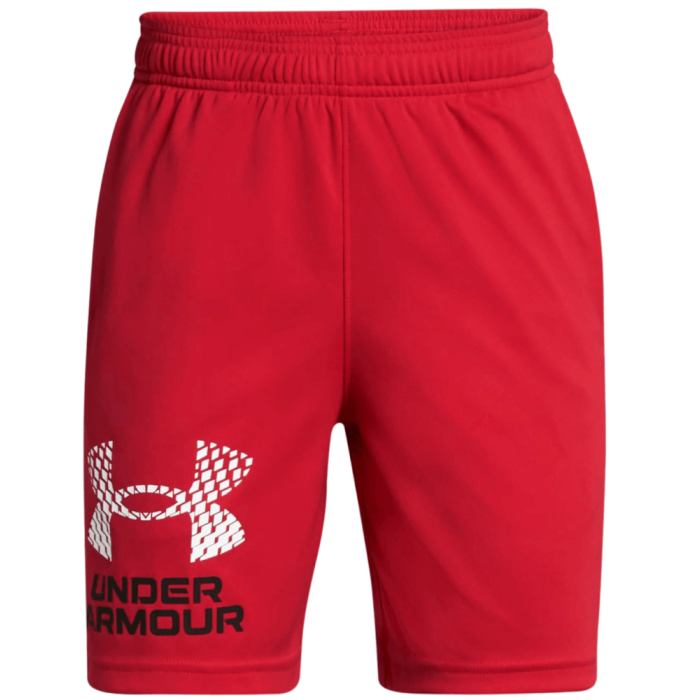Short avec logo UA Tech™ - Under Armour rouge avec logo blanc et noir, tissu léger, garçon, vue de face