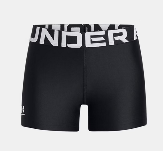 Short HeatGear® - Under Armour noir avec ceinture noire et logo blanc, tissu stretch léger, pour fille, vue de face.