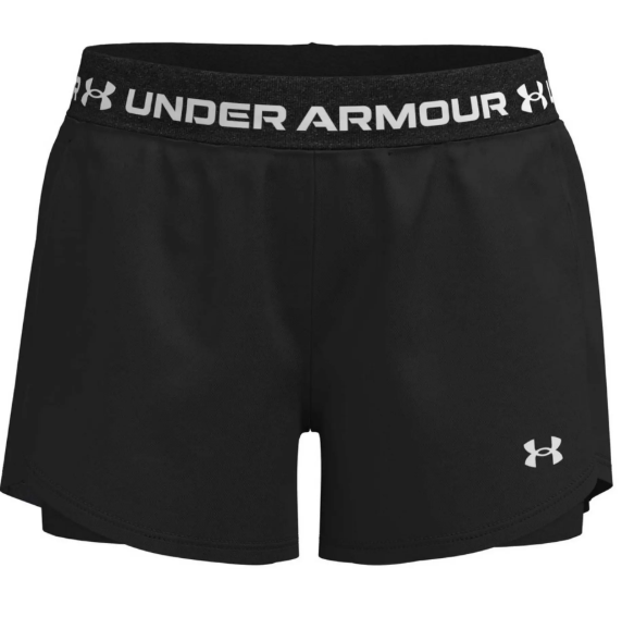 Short Play Up - Under Armour noir en tissu léger avec logo blanc, taille élastique, pour fille, vue de face.