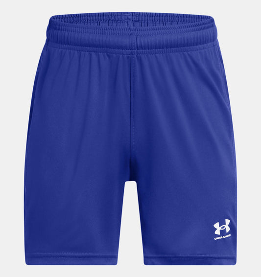 Short UA Adversaire - Under Armour bleu électrique en tricot léger, taille élastique, pour garçon, vue de face.