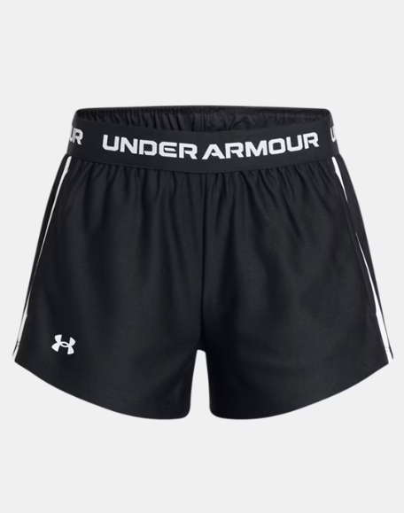 Short UA Tech™ Match - Under Armour noir en tricot léger avec ceinture élastique logo blanc, pour fille, vue de face.