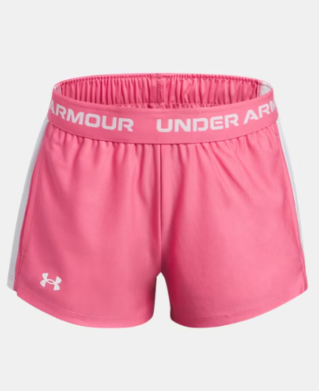 Short UA Tech™ Match - Under Armour rose à bande blanche, tissu léger, taille mi-haute élastique, pour fille, vue de face.