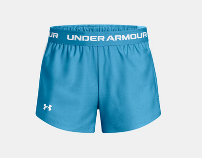 Short UA Tech™ Match - Under Armour bleu ciel à taille mi-haute élastique blanche, tissu léger, pour fille, vue de face