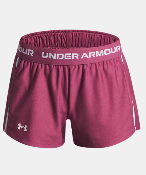 Short UA Tech™ Match - Under Armour rose foncé en tricot léger avec taille élastique imprimée, pour fille, vue de face.