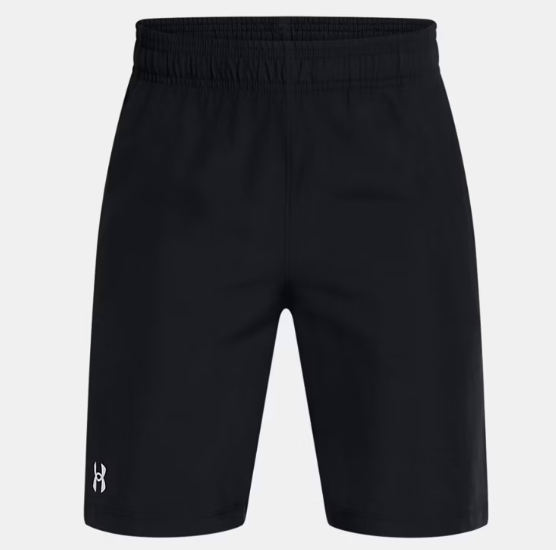 Short UA Woven - Under Armour noir en tissu léger respirant avec ceinture élastique, pour garçon, vue de face.