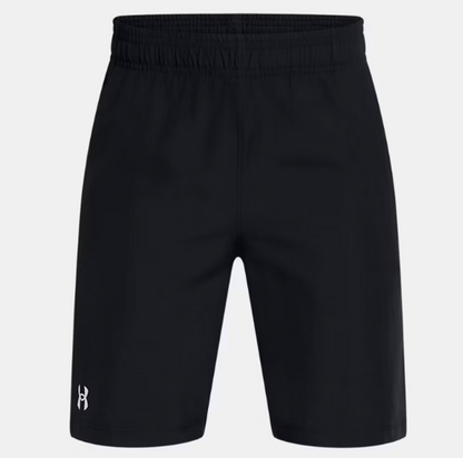 Short UA Woven - Under Armour noir en tissu léger respirant avec ceinture élastique, pour garçon, vue de face.