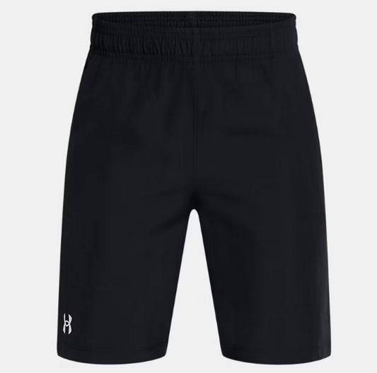 Short UA Woven - Under Armour noir en tissu léger respirant avec ceinture élastique, pour garçon, vue de face.