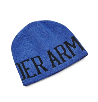 Tuque d'hiver Réversible - Under Armour bleu roi en tricot avec logo noir, style garçon, vue de profil léger.