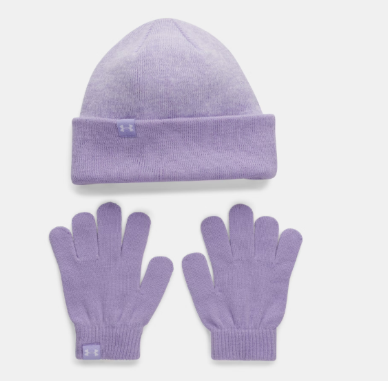 Tuque/Gants mi-saison - Under Armour violet en acrylique, ensemble chaud pour enfant, vue de face à plat