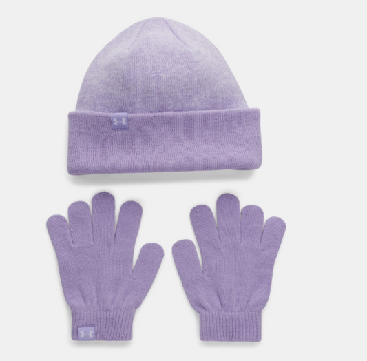 Tuque/Gants mi-saison - Under Armour violet en acrylique, ensemble chaud pour enfant, vue de face à plat