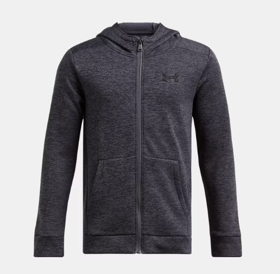 Veste - Under Armour gris anthracite à capuche en tissu technique, zippée, pour garçon, vue de face.
