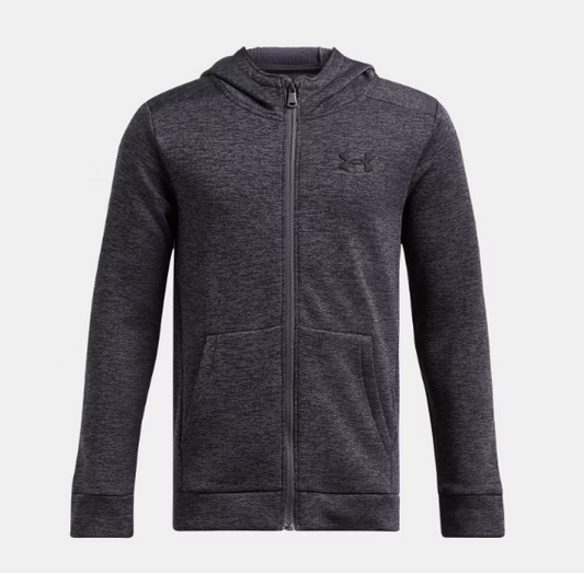 Veste - Under Armour gris anthracite à capuche en tissu technique, zippée, pour garçon, vue de face.
