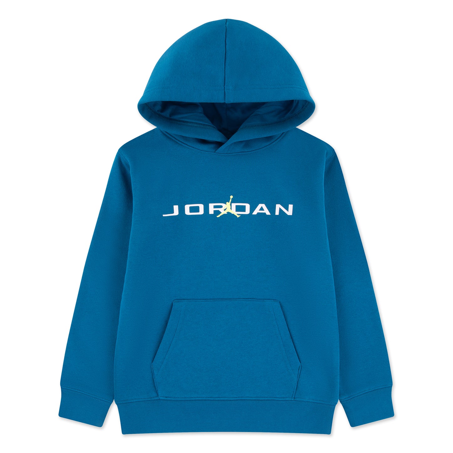 Hoodie - Jordan bleu pétrole en coton polyester à capuche avec logo blanc, pour enfant, vue de face