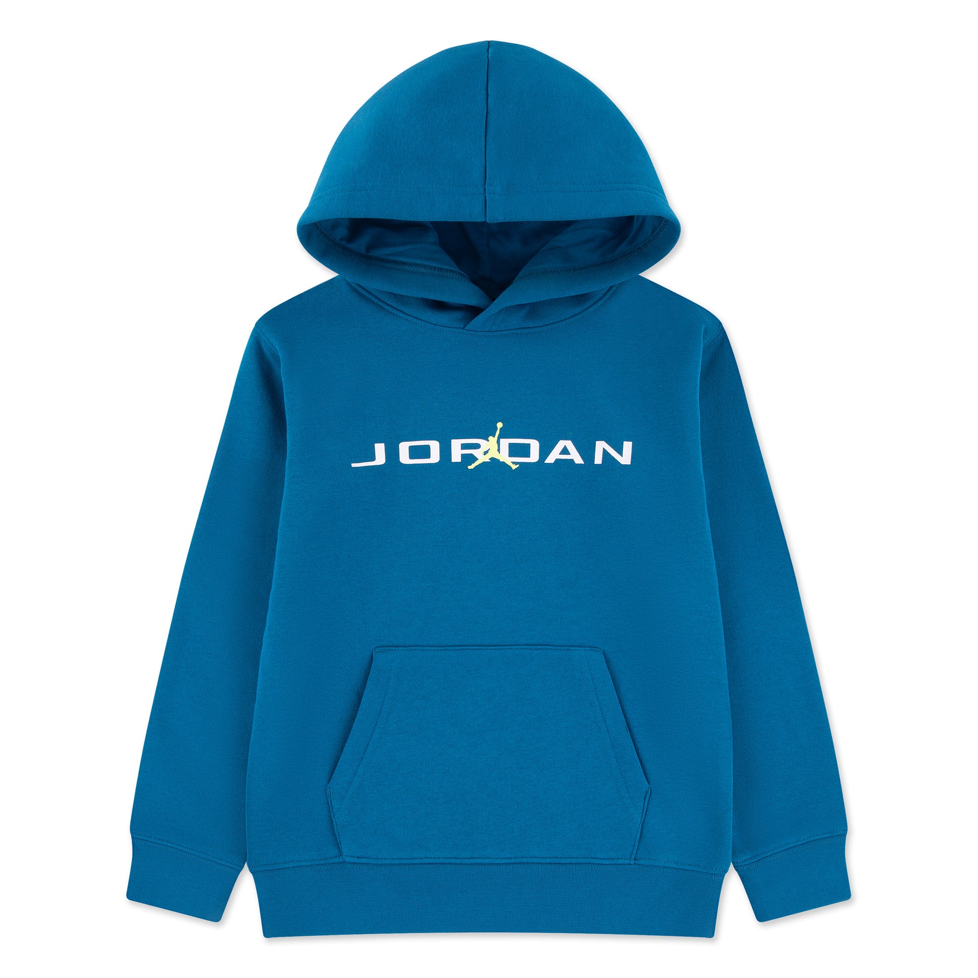 Hoodie - Jordan bleu pétrole en coton polyester à capuche avec logo blanc, pour enfant, vue de face